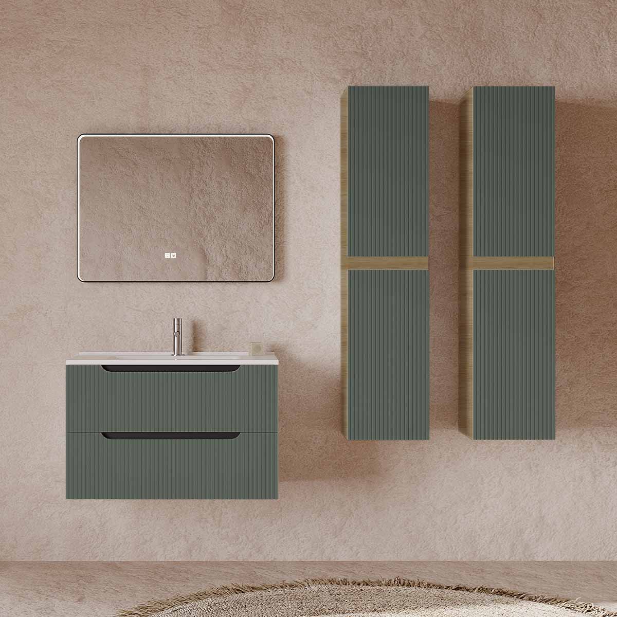 Set mobilier baie verde salvie cu imitatie lemn , coloana suspendata, lavoar incastrat alb și oglindă, 80 cm, SaviniDue Comfort