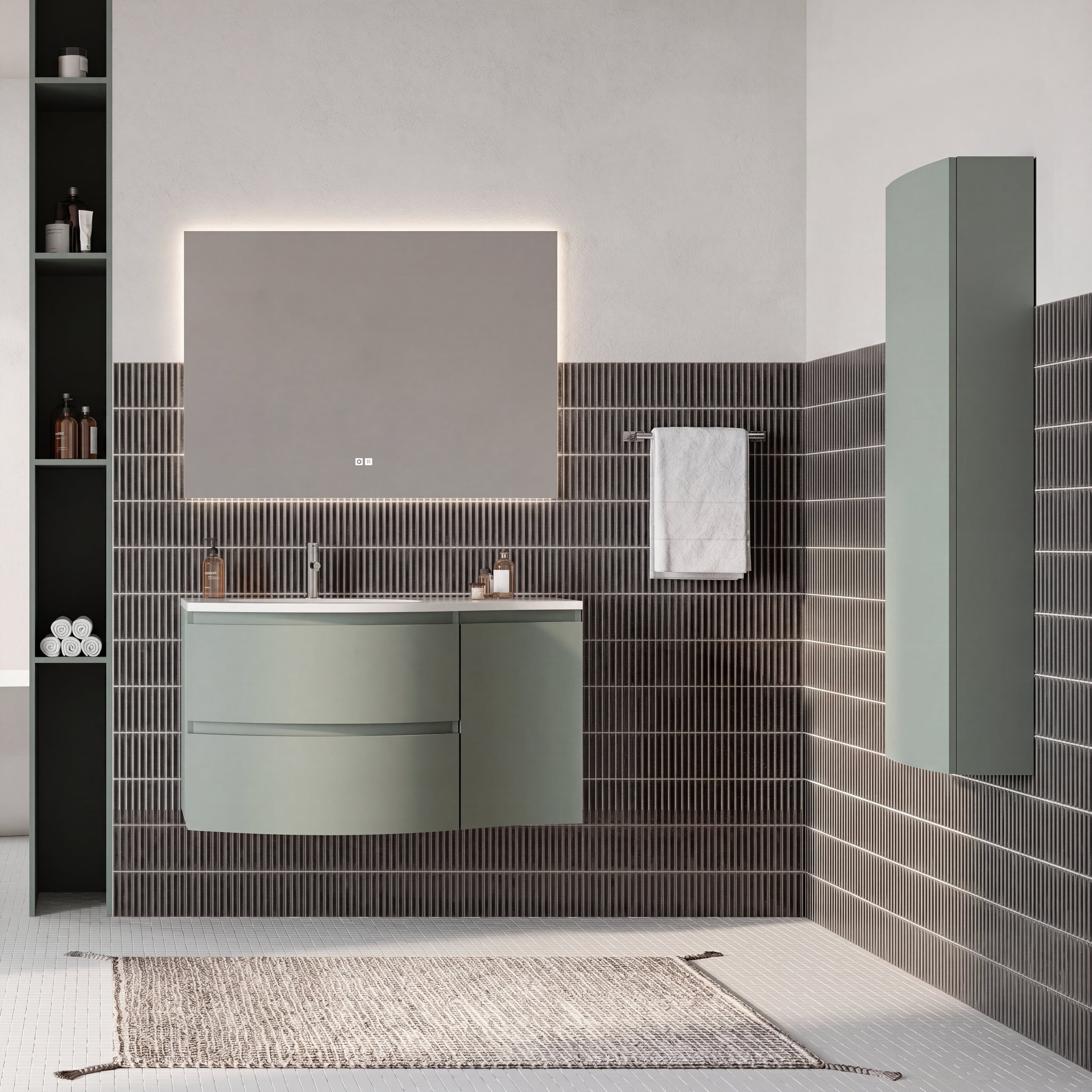 Set mobilier baie verde salvie mat, coloana suspendata, lavoar alb lucios si oglinda, 105 cm, SaviniDue Armonia