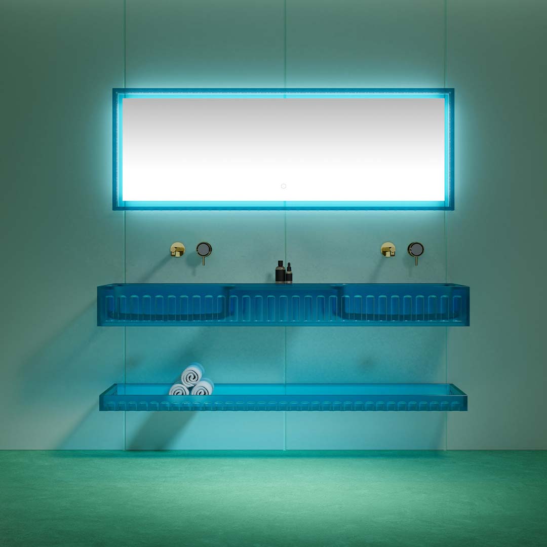 Set mobilier cu lavoar dublu pe perete, raft si oglinda, 120 cm, albastru transparent, finisaj mat, MonBlari