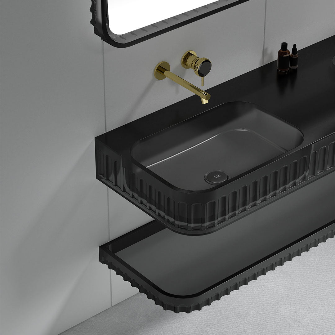 Set mobilier cu lavoar dublu pe perete, raft si oglinda, 120 cm, negru transparent, finisaj mat, MonBlari