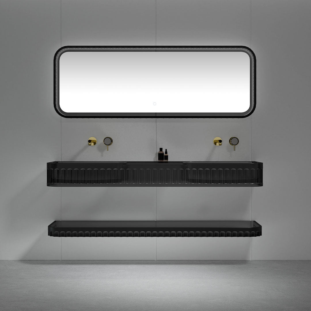 Set mobilier cu lavoar dublu pe perete, raft si oglinda, 120 cm, negru transparent, finisaj mat, MonBlari
