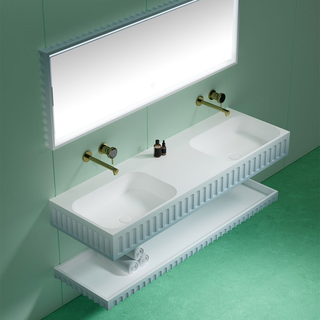 Set mobilier cu lavoar dublu pe perete, raft si oglinda, din compozit, 120 cm, alb, finisaj mat, MonBlari