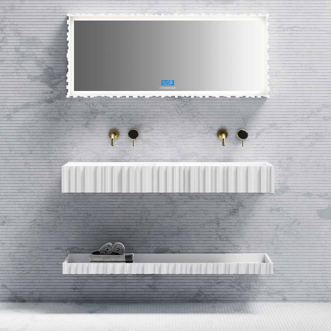 Set mobilier cu lavoar dublu pe perete, raft si oglinda, din compozit, 120 cm, alb mat, cu riflaje, MonBlari