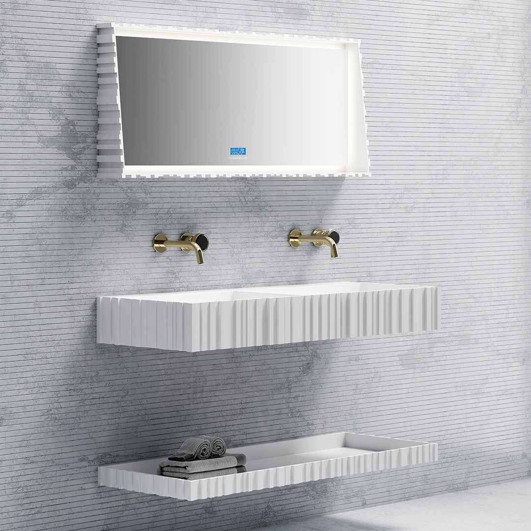 Set mobilier cu lavoar dublu pe perete, raft si oglinda, din compozit, 120 cm, alb mat, cu riflaje, MonBlari