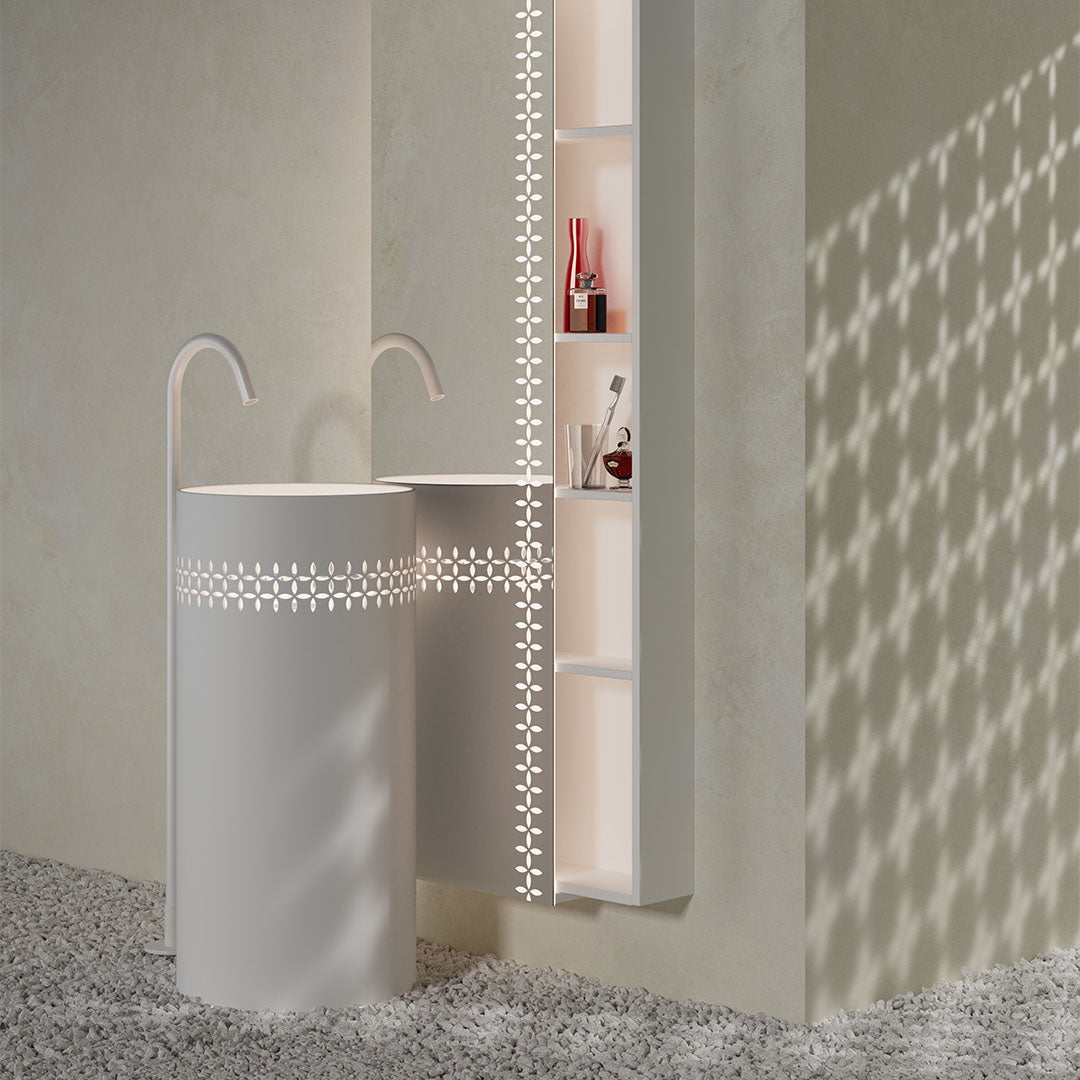Set mobilier cu lavoar freestanding 40cm, raft si oglinda, din compozit, alb, finisaj mat, MonBlari