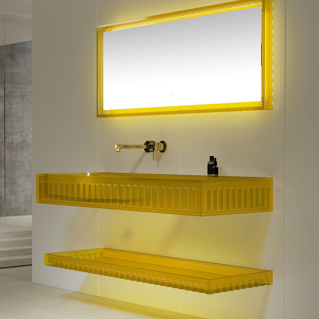 Set mobilier cu lavoar pe perete, raft si oglinda, 90 cm, galben transparent, finisaj mat, MonBlari