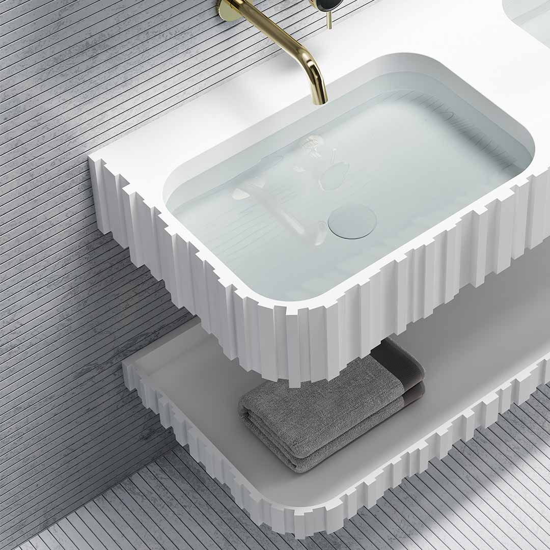 Set mobilier cu lavoar pe perete, raft si oglinda, din compozit, 120 cm, alb, finisaj mat, cu riflaje, MonBlari