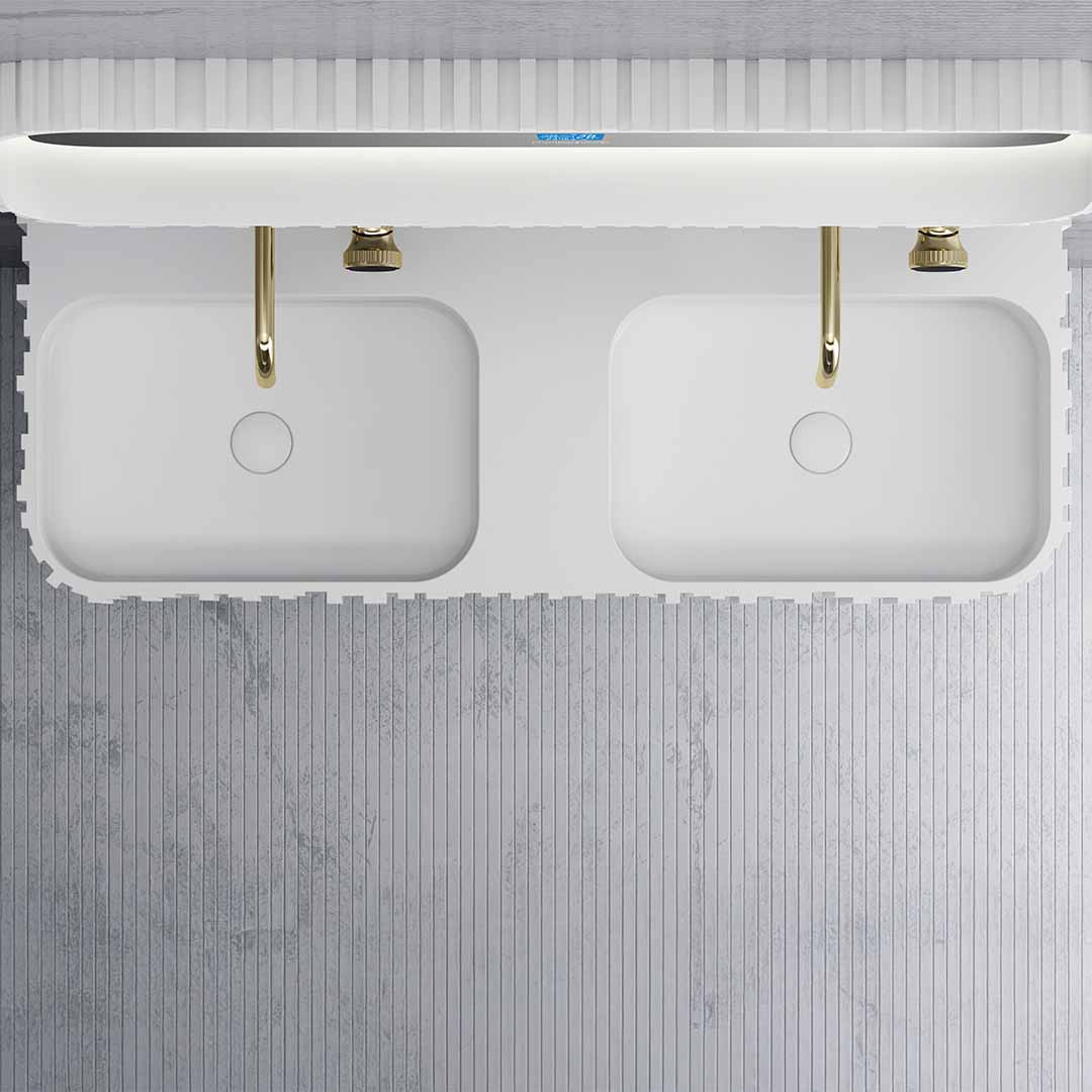 Set mobilier cu lavoar pe perete, raft si oglinda, din compozit, 120 cm, alb, finisaj mat, cu riflaje, MonBlari