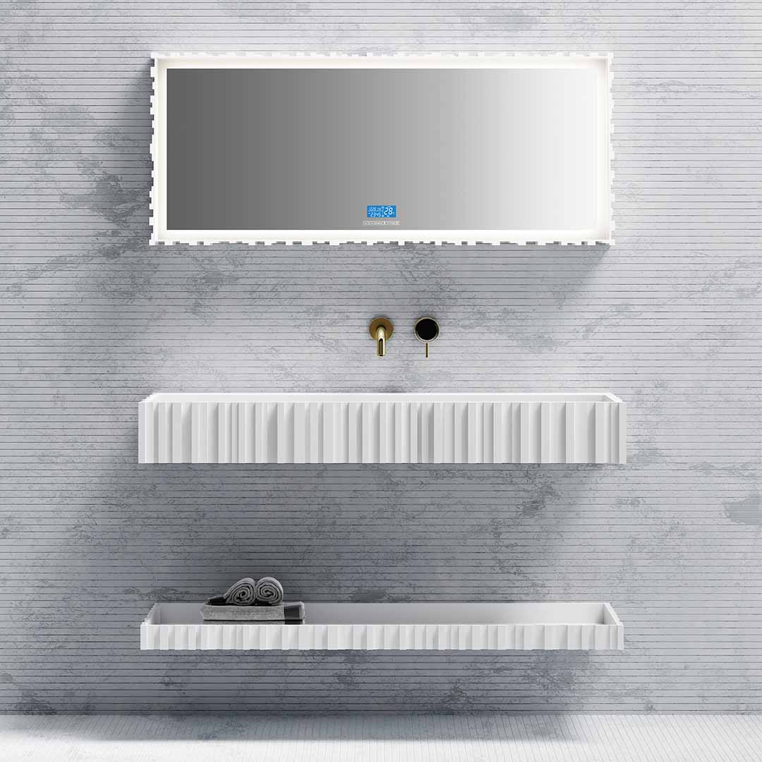 Set mobilier cu lavoar pe perete, raft si oglinda, din compozit, 120 cm, alb mat, cu riflaje, MonBlari