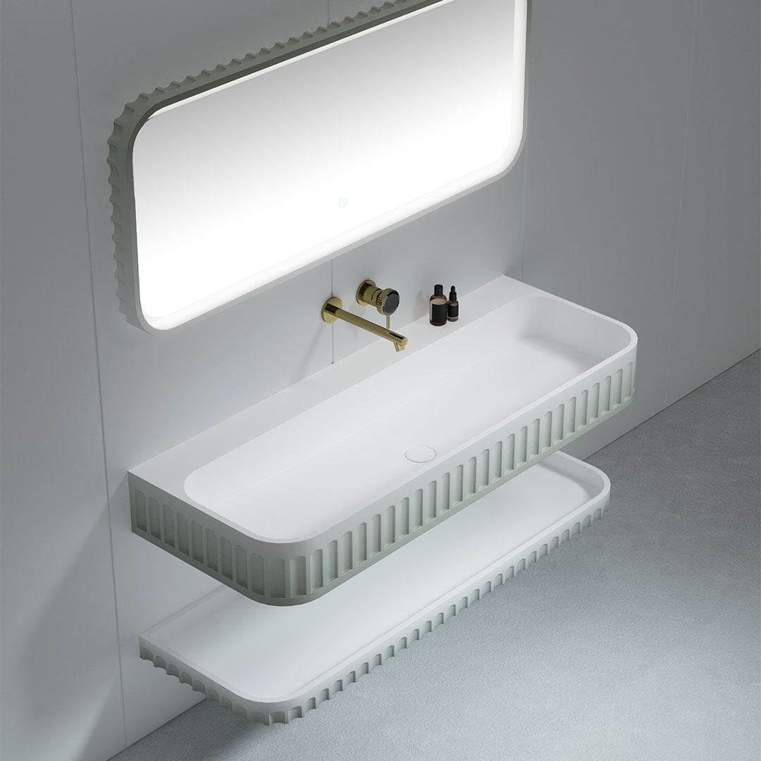 Set mobilier cu lavoar pe perete, raft si oglinda, din compozit, 90 cm, alb, finisaj mat, margini rotunjite, MonBlari