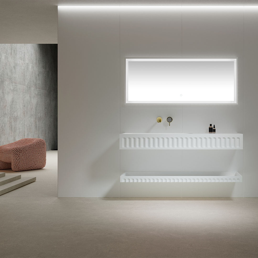 Set mobilier cu lavoar pe perete, raft si oglinda, din compozit, 90 cm, alb, finisaj mat, MonBlari