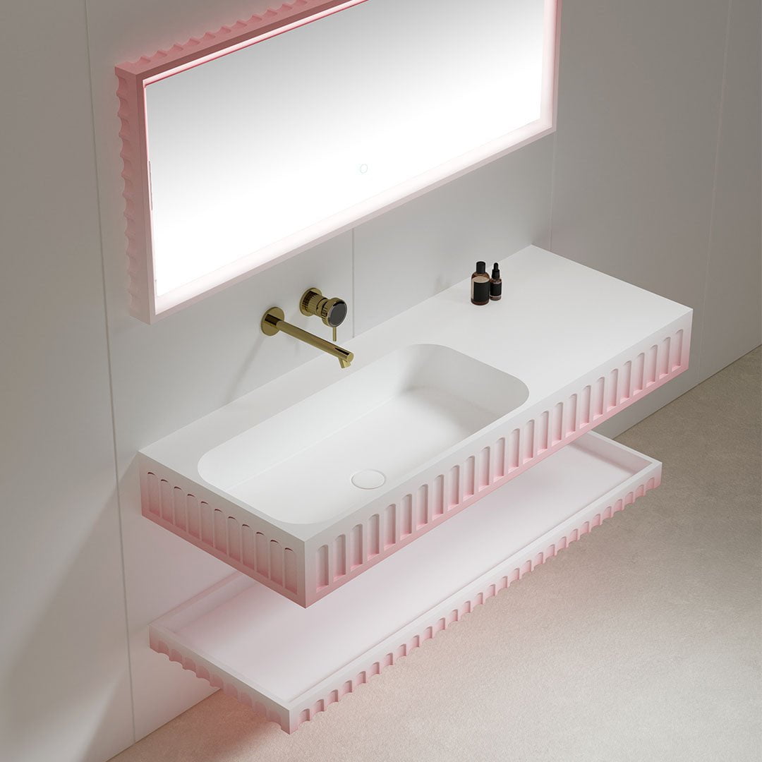 Set mobilier cu lavoar pe perete, raft si oglinda, din compozit, 90 cm, alb, finisaj mat, MonBlari