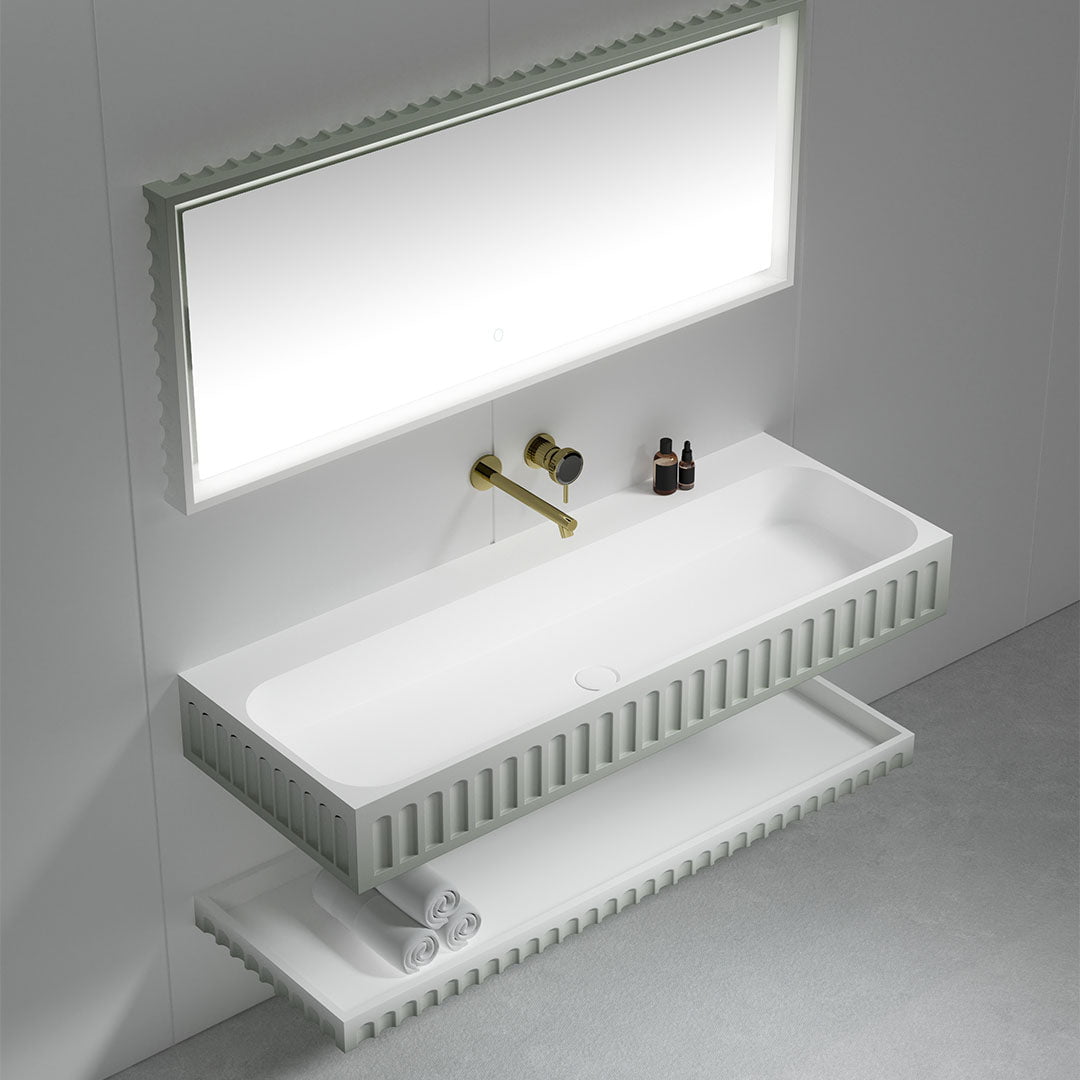 Set mobilier cu lavoar pe perete, raft si oglinda, din compozit, 90 cm, alb, finisaj mat, MonBlari