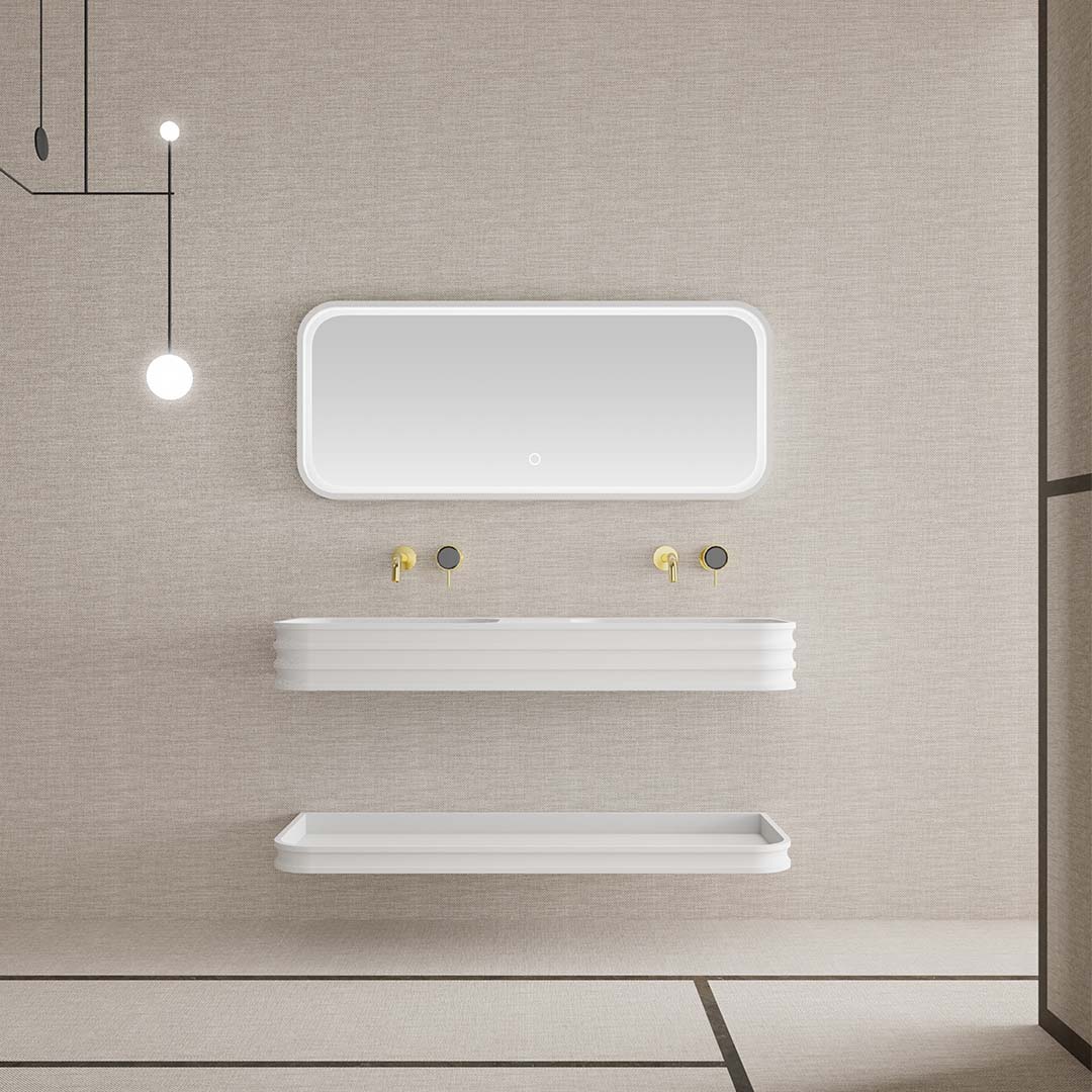 Set mobilier de baie cu lavoar dublu, raft si oglinda, 120 cm, colturi rotunjite, din compozit, alb, MonBlari