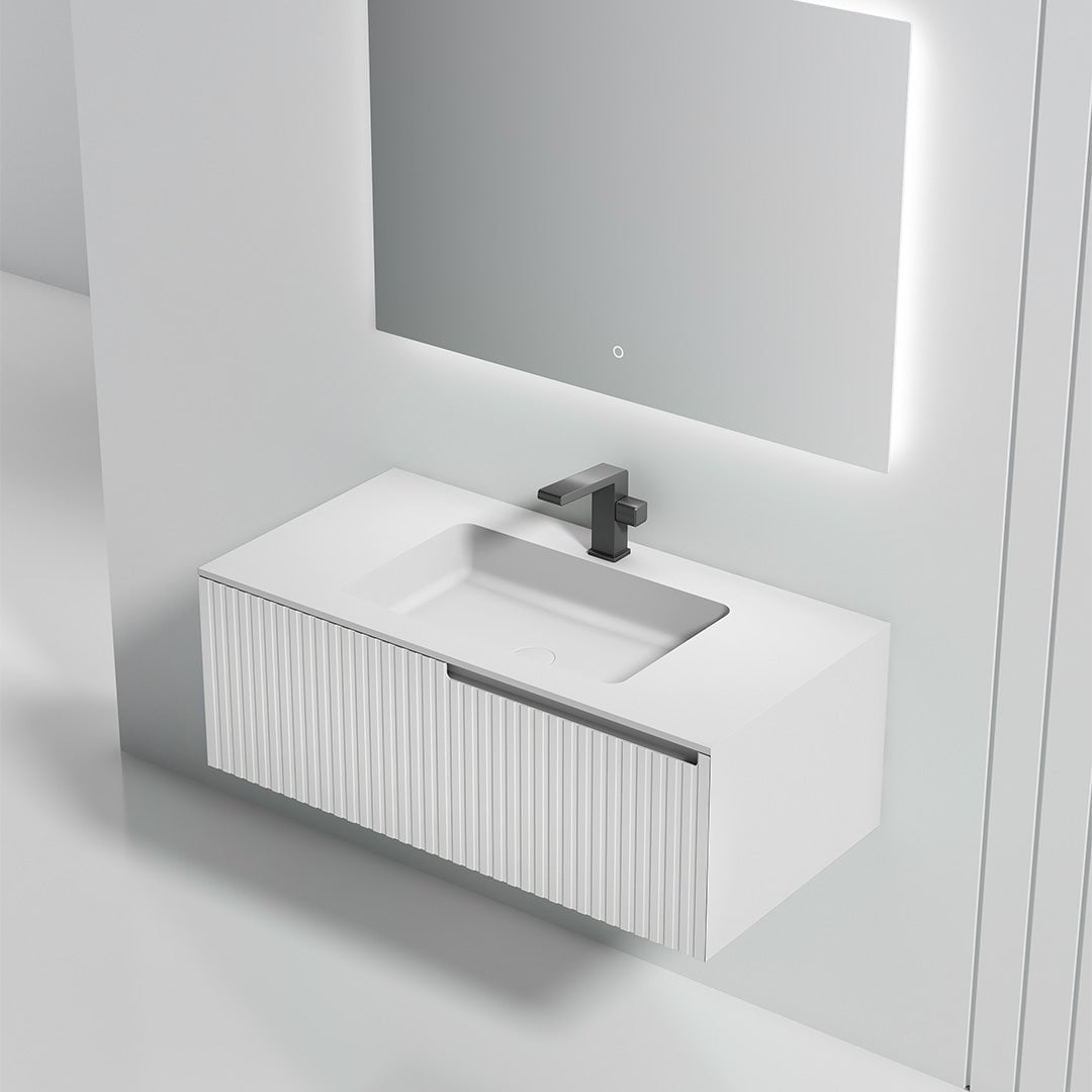 Set mobilier de baie cu lavoar incastrat si oglinda LED, 100 cm, din compozit si MDF, alb mat, MonBlari