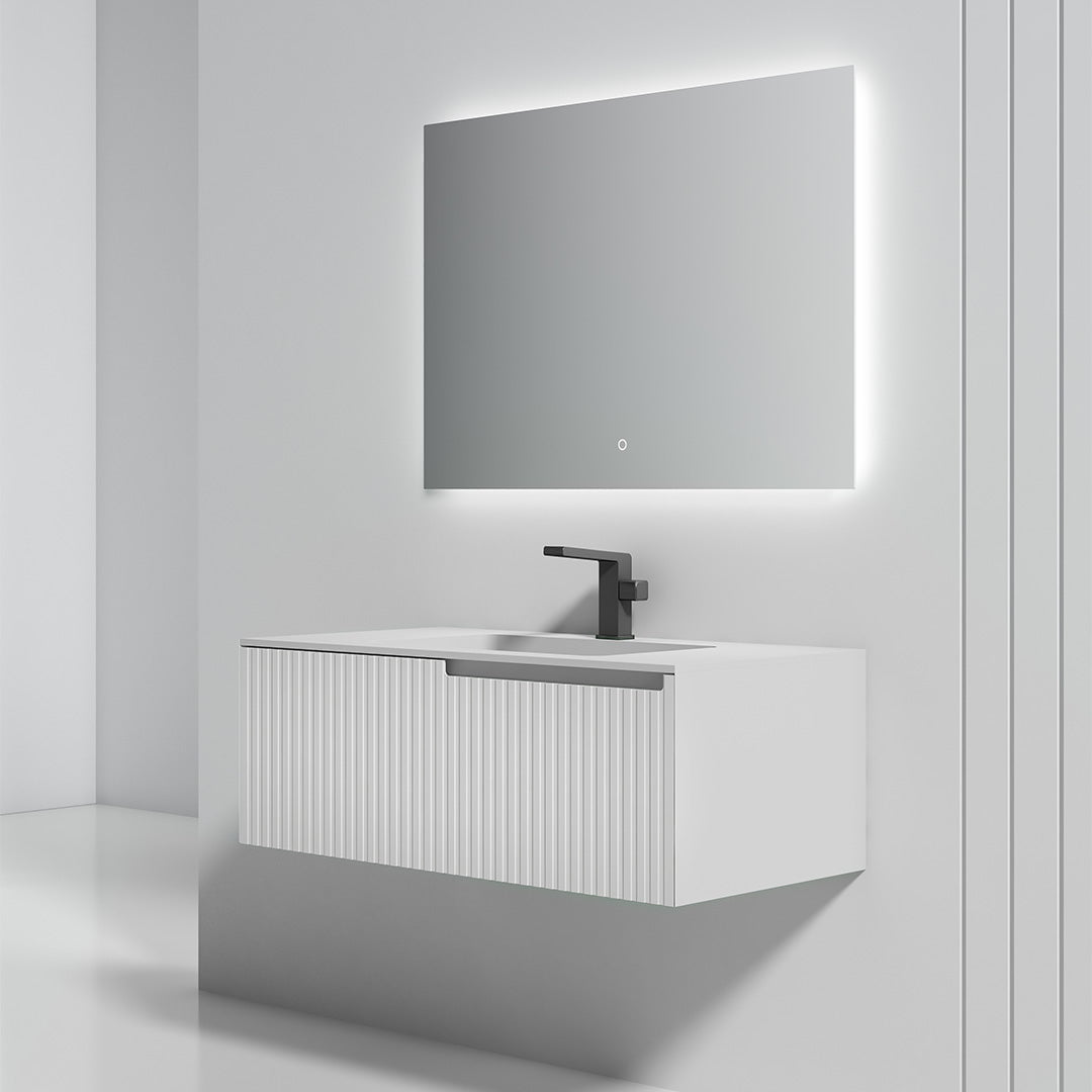 Set mobilier de baie cu lavoar incastrat si oglinda LED, 100 cm, din compozit si MDF, alb mat, MonBlari