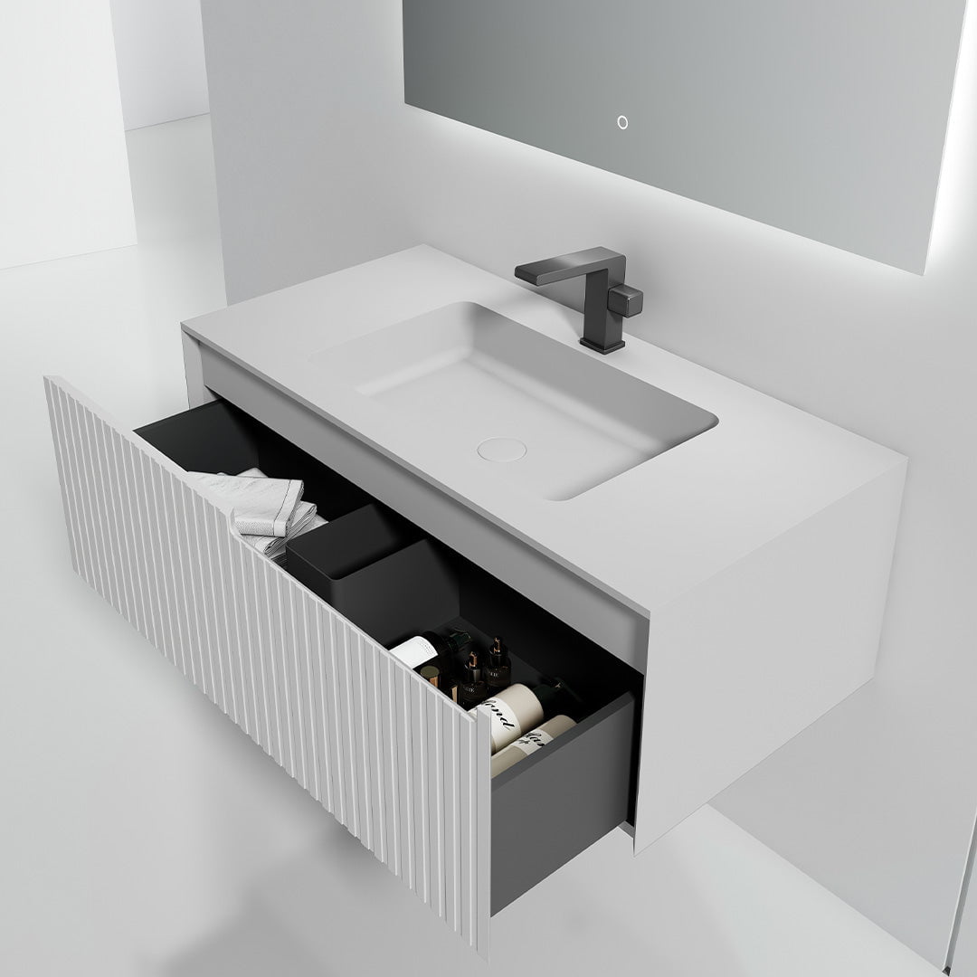 Set mobilier de baie cu lavoar incastrat si oglinda LED, 100 cm, din compozit si MDF, alb mat, MonBlari