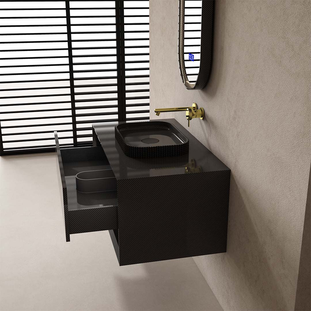 Set mobilier de baie cu lavoar pe blat si oglinda, 80 cm, fibra de carbon, negru, Monblari