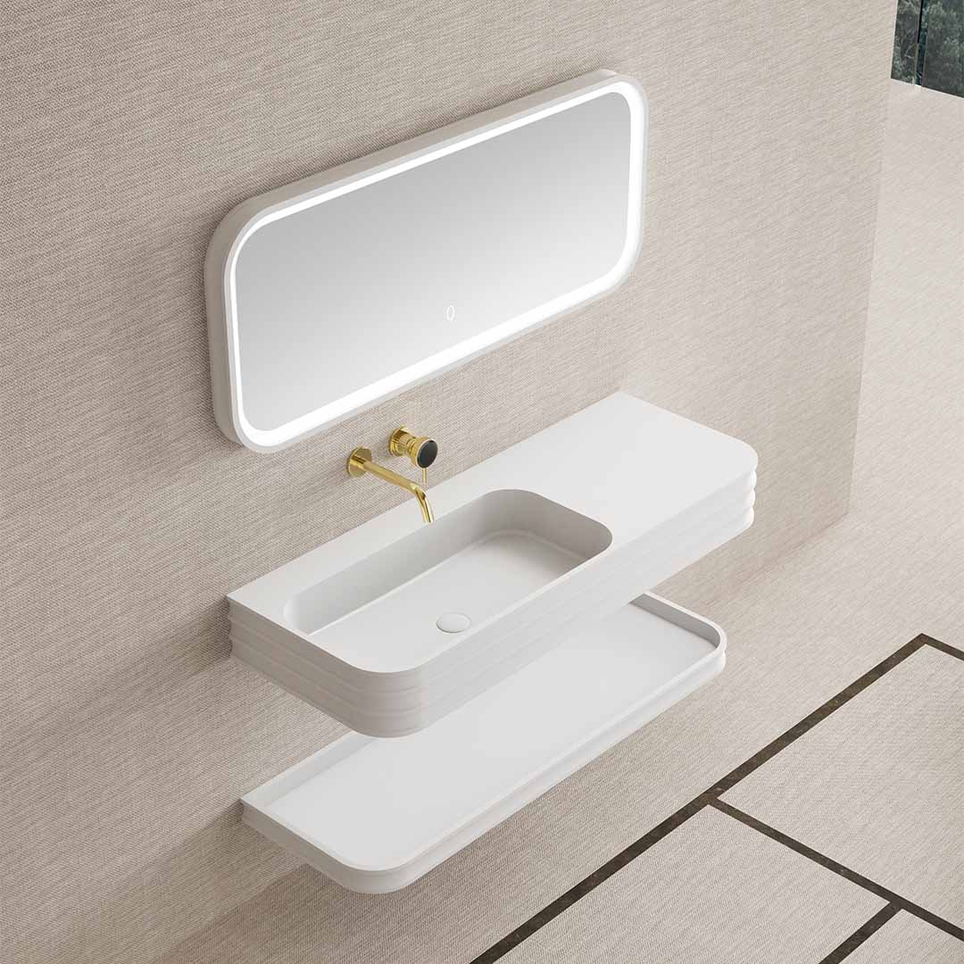 Set mobilier de baie cu lavoar pozitionat pe stanga, raft si oglinda, 80 cm, colturi rotunjite, din compozit, alb, MonBlari