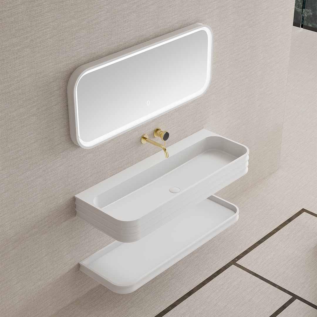 Set mobilier de baie cu lavoar, raft si oglinda, 80 cm, colturi rotunjite, din compozit, alb, MonBlari