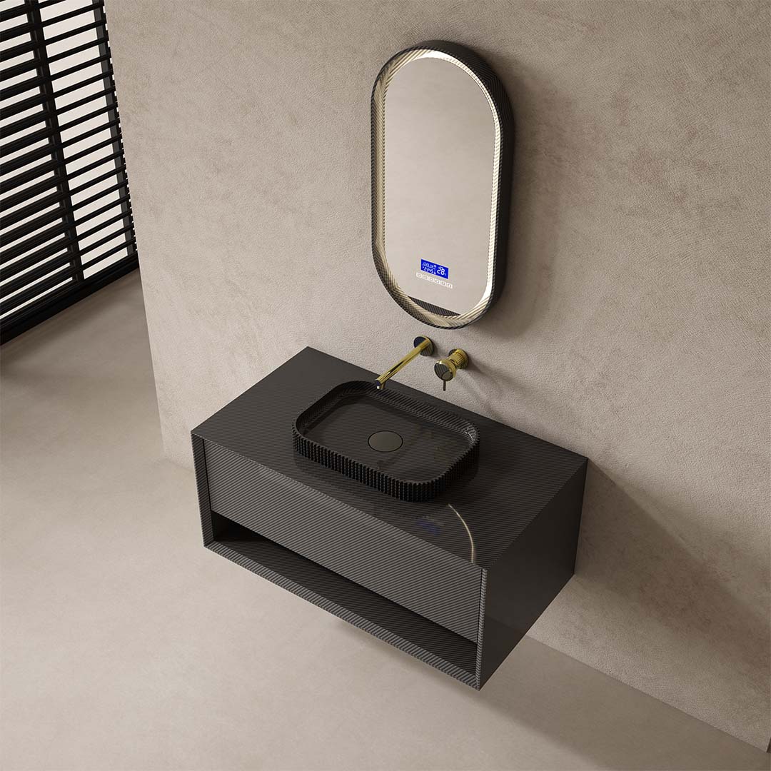 Set mobilier de baie cu oglinda LED + cada de 170 cm, din fibra de carbon, negru mat, MonBlari