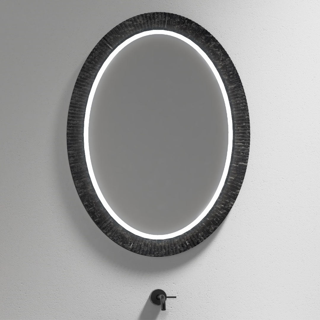 Set mobilier de baie cu oglinda LED + cada de 170 cm, din fibra de carbon, negru mat, MonBlari