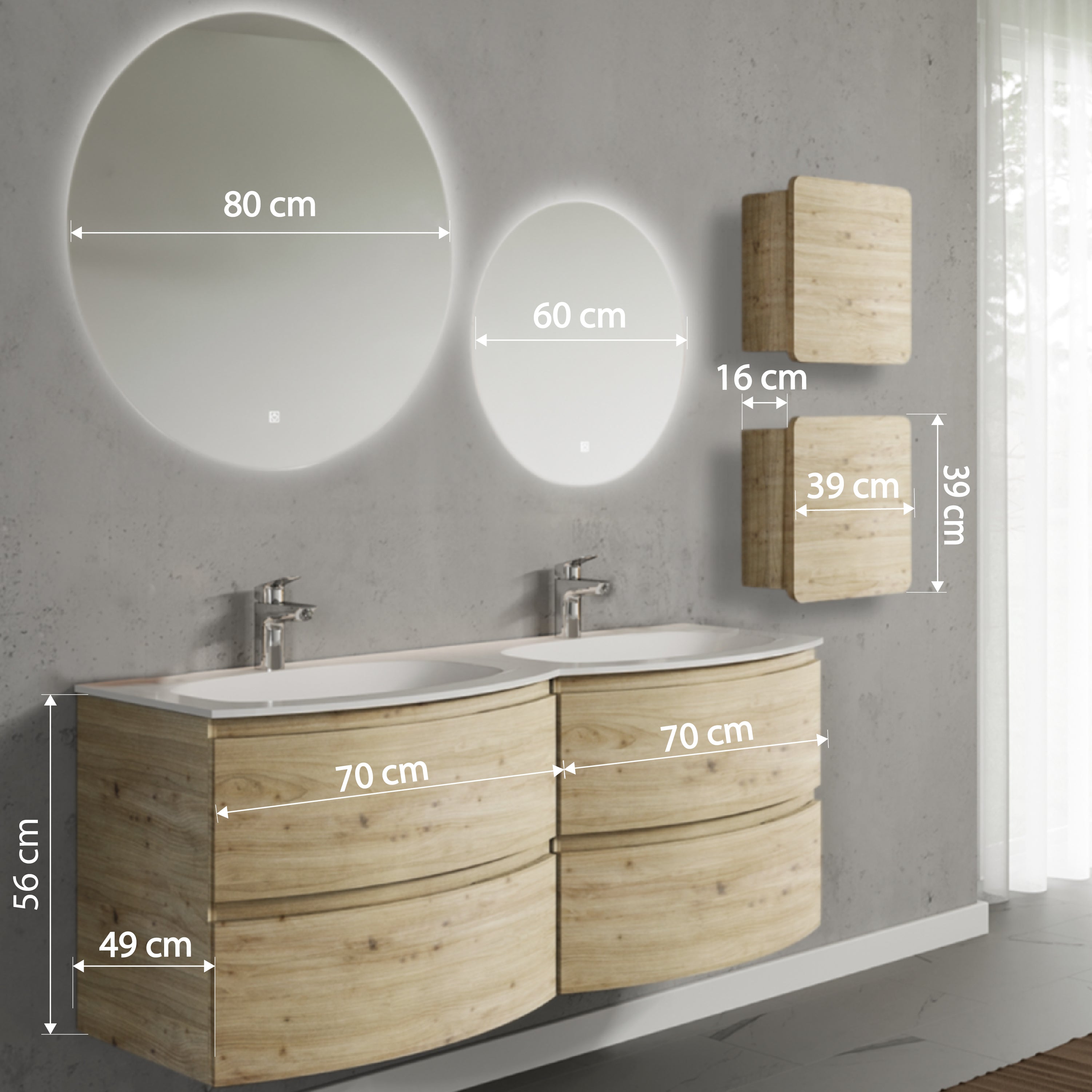 Set mobilier de baie suspendat, cu lavoar dublu incastrat, 2 oglinzi si 2 corpuri suspendate, 140 cm, imitatie lemn natur, finisaj mat, Armonia, SaviniDue
