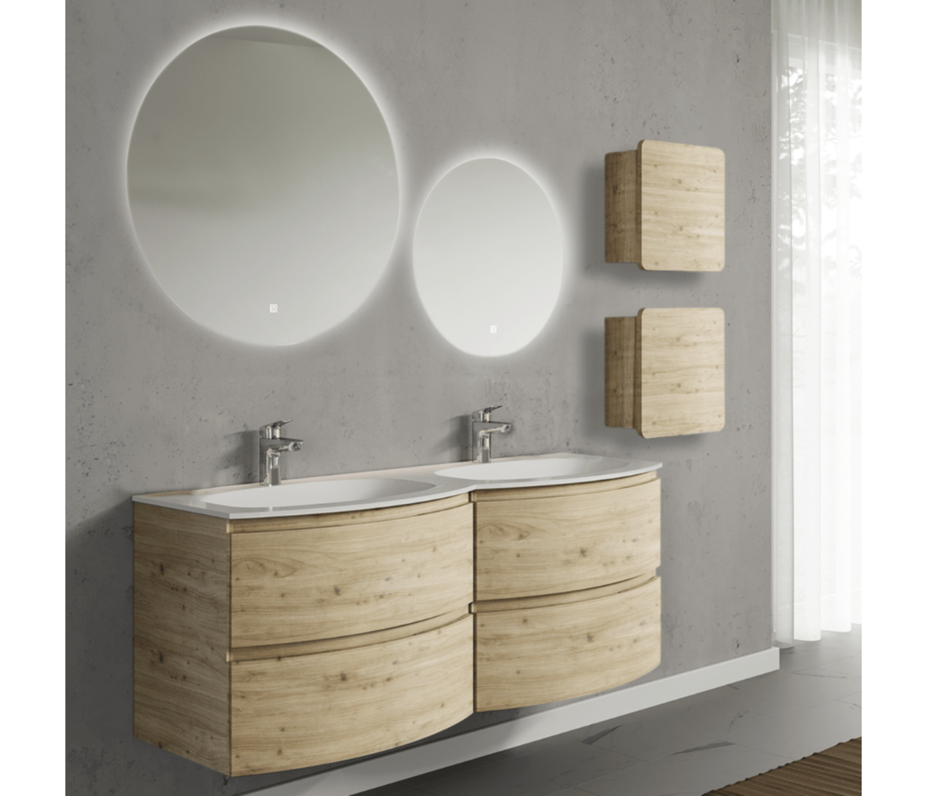 Set mobilier de baie suspendat, cu lavoar dublu incastrat, 2 oglinzi si 2 corpuri suspendate, 140 cm, imitatie lemn natur, finisaj mat, Armonia, SaviniDue