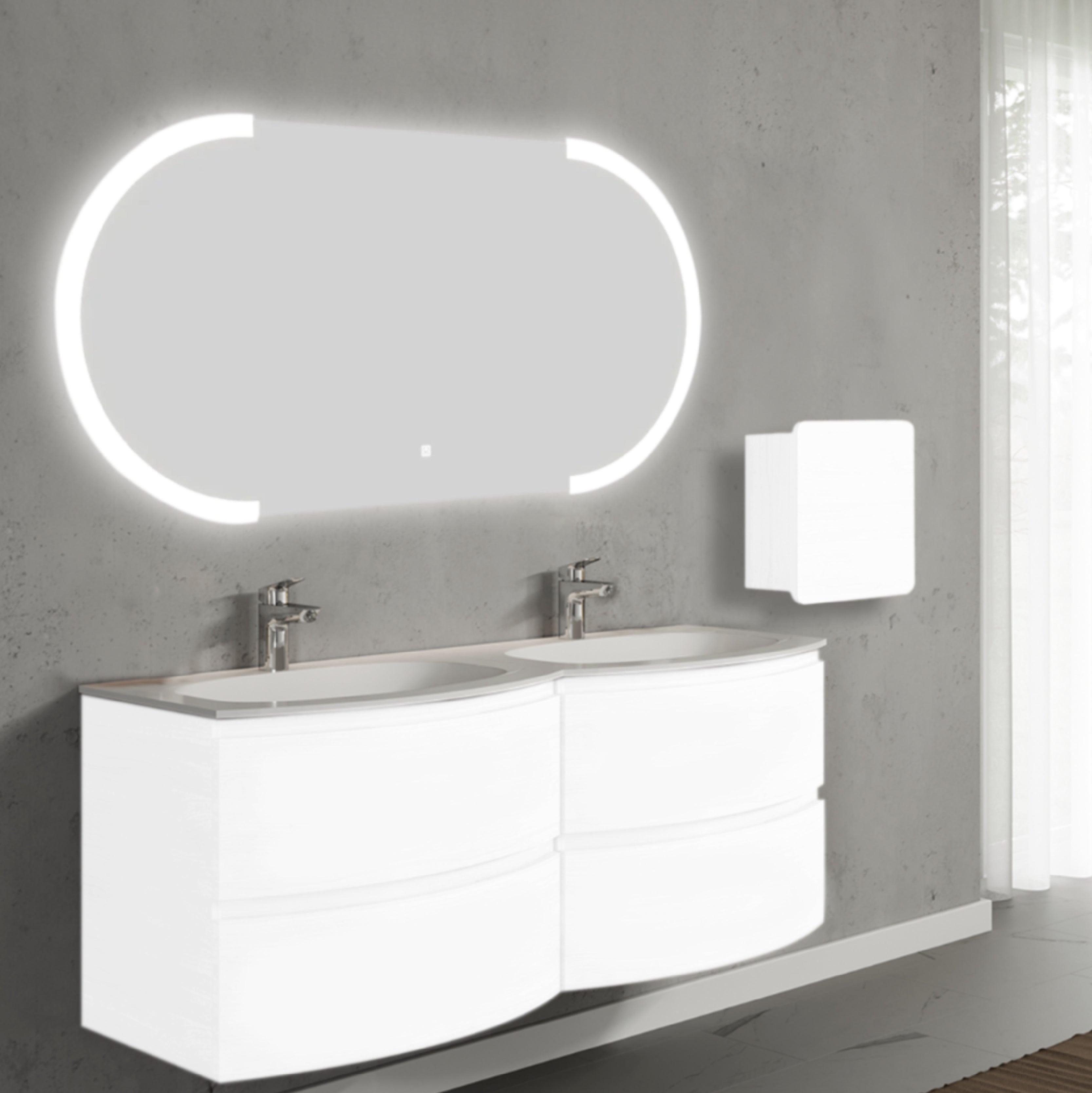 Set mobilier de baie suspendat, cu lavoar dublu incastrat, oglinda LED, corp suspendat, 140 cm, alb, finisaj lucios, Armonia, SaviniDue