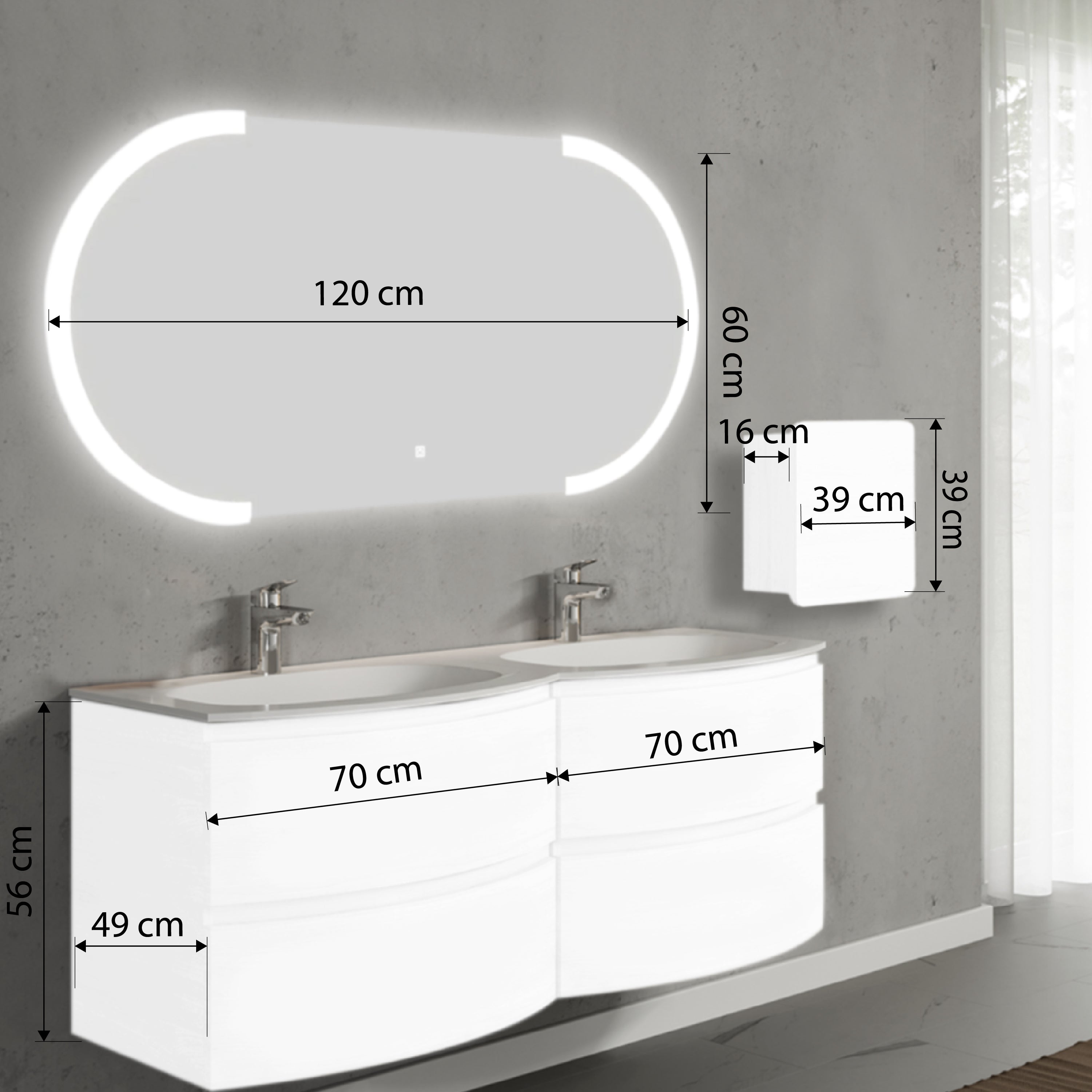 Set mobilier de baie suspendat, cu lavoar dublu incastrat, oglinda LED, corp suspendat, 140 cm, alb, finisaj lucios, Armonia, SaviniDue