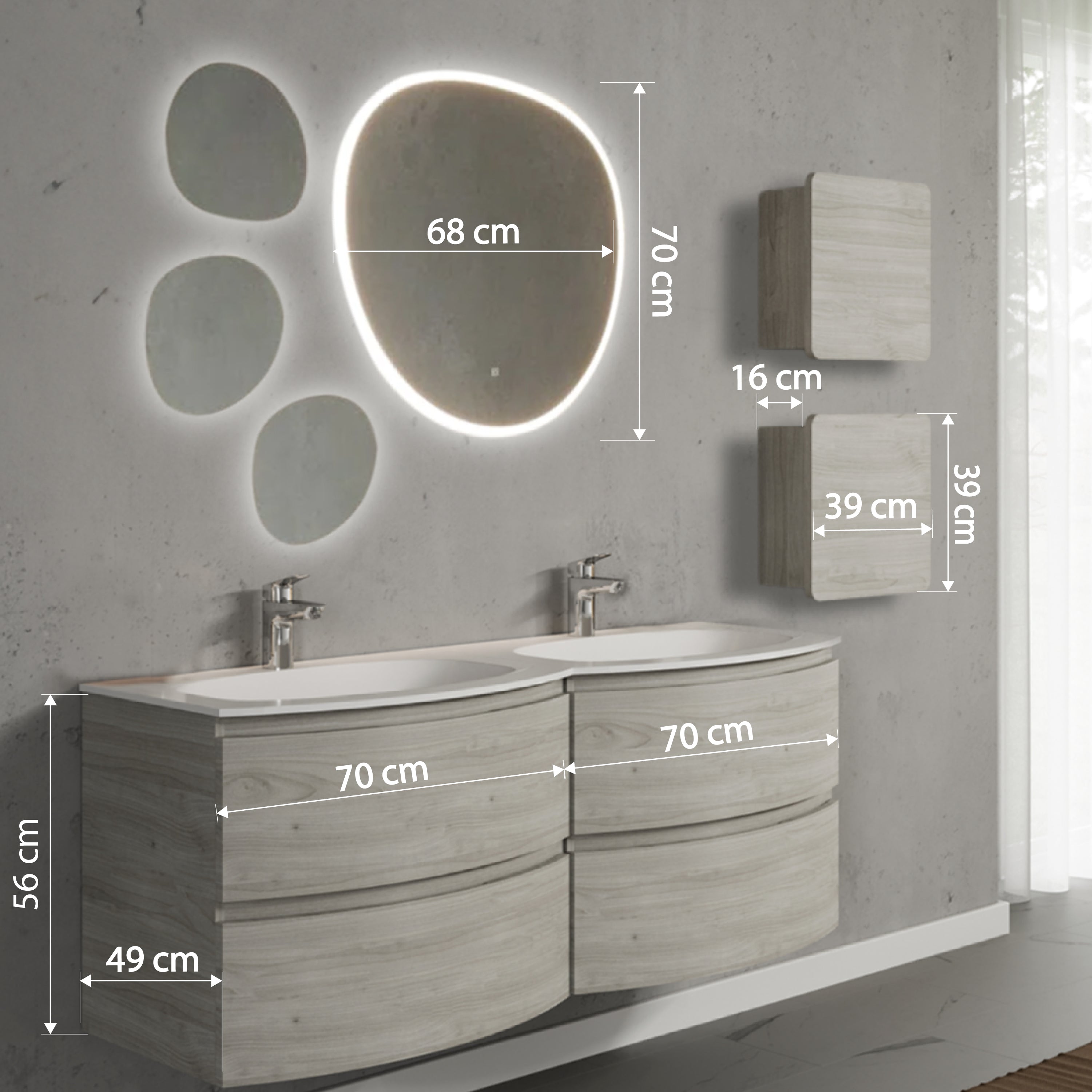 Set mobilier de baie suspendat, cu lavoar dublu incastrat, oglinda si 2 corpuri suspendate, 140 cm, imitatie lemn, finisaj mat, Armonia, SaviniDue