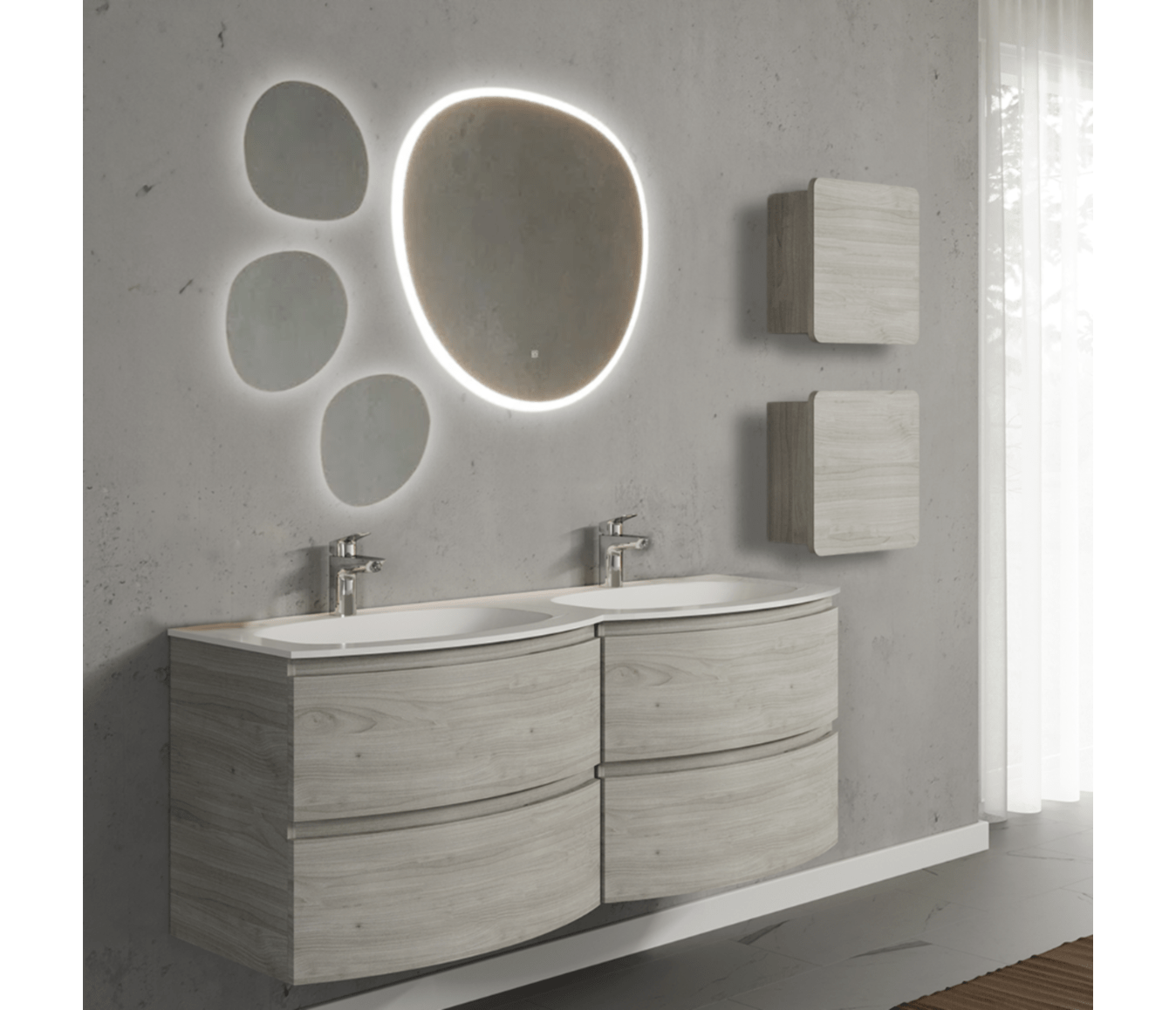 Set mobilier de baie suspendat, cu lavoar dublu incastrat, oglinda si 2 corpuri suspendate, 140 cm, imitatie lemn, finisaj mat, Armonia, SaviniDue