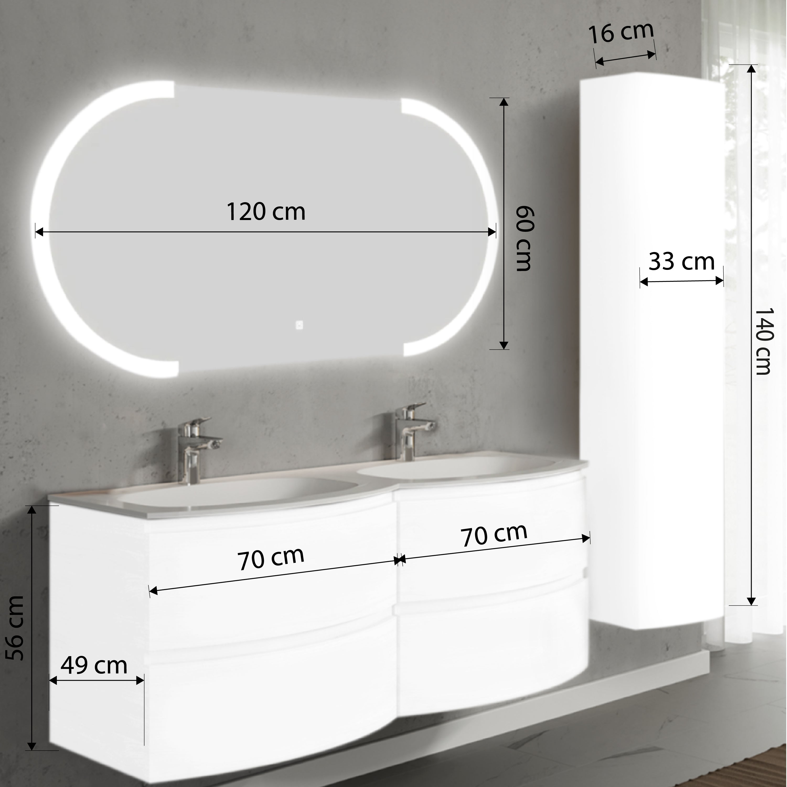 Set mobilier de baie suspendat, cu lavoar dublu incastrat, oglinda si dulap suspendata, 140 cm, alb, finisaj lucios, Armonia, SaviniDue