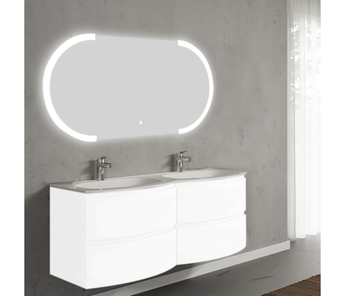 Set mobilier de baie suspendat, cu lavoar dublu incastrat si oglinda cu LED, 140 cm, alb, finisaj lucios, Armonia, SaviniDue
