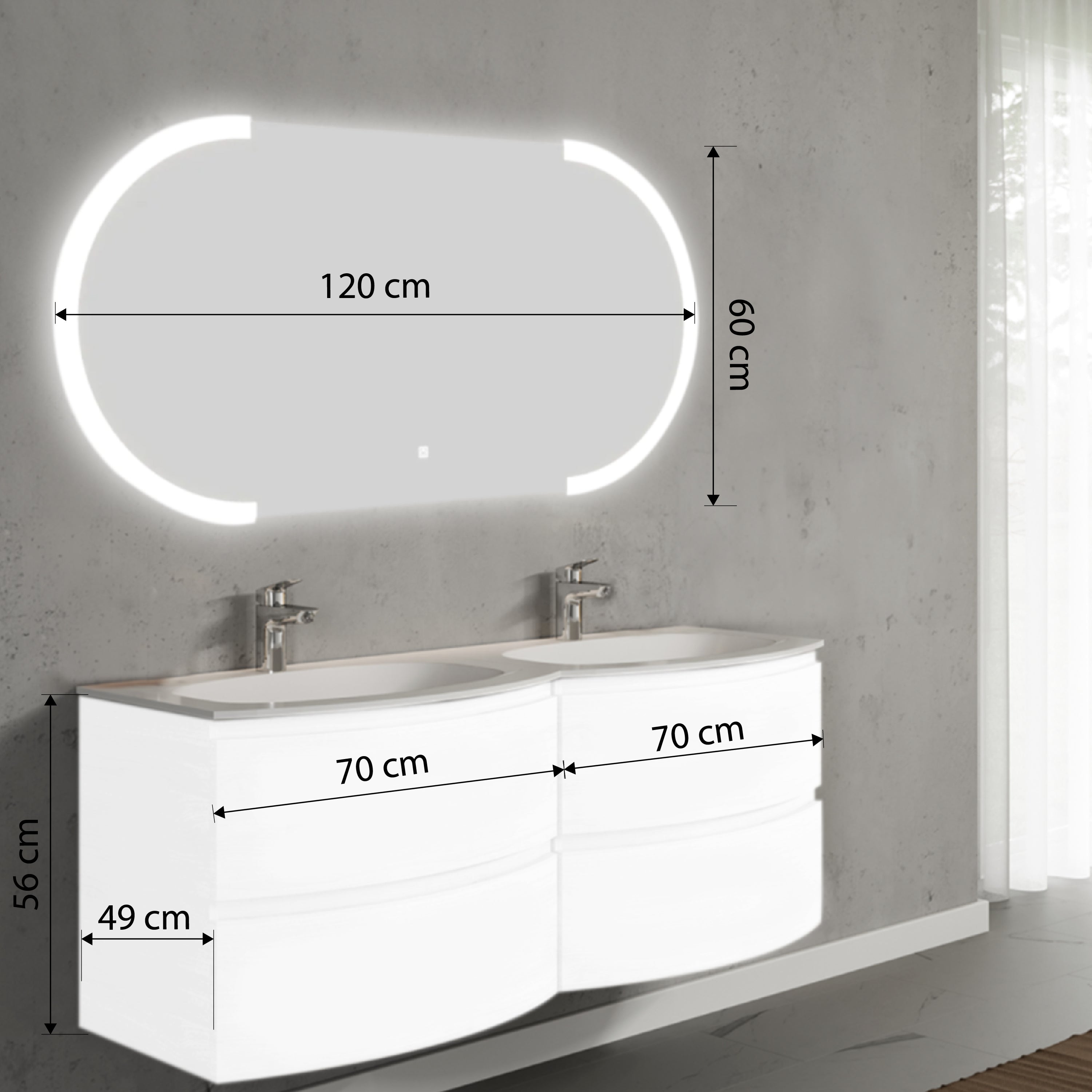 Set mobilier de baie suspendat, cu lavoar dublu incastrat si oglinda cu LED, 140 cm, alb, finisaj lucios, Armonia, SaviniDue