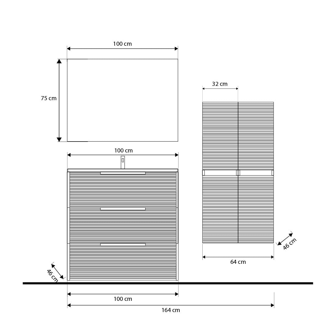 Set mobilier imitatie lemn cu 2 coloane suspendate, lavoar incastrat negru mat și oglindă, cu riflaje Dogato, 100 cm, SaviniDue Iconica