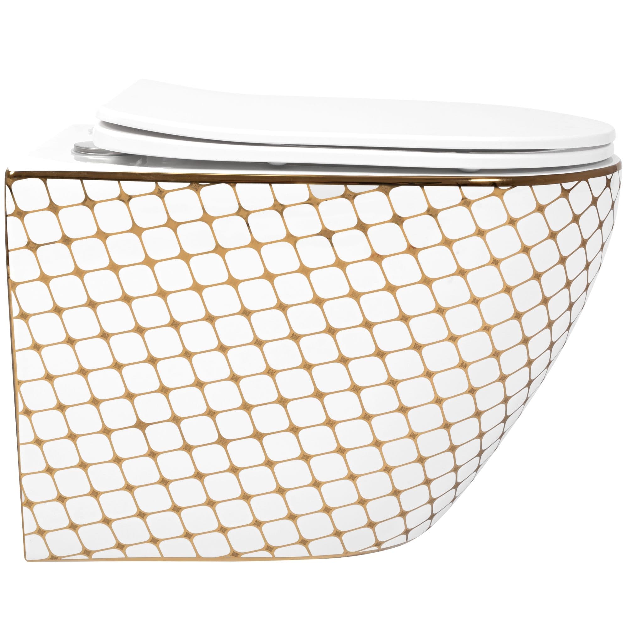 Set vas WC suspendabil rimless Rea Carlos Diamond Gold şi capac soft close alb