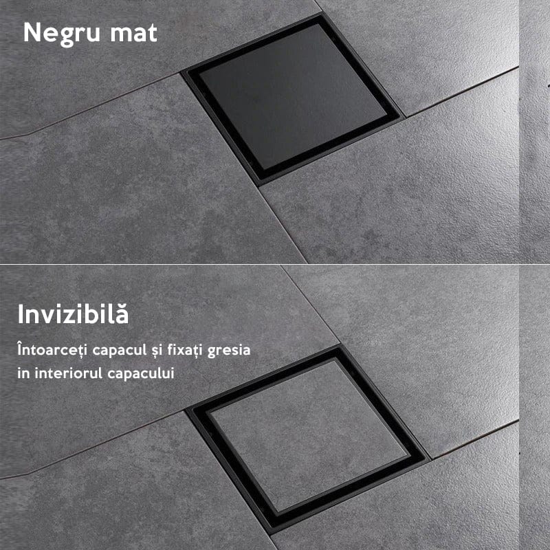 Sifon de pardoseala antimiros, cu iesire verticala, diametru ramă 100 mm, diametru scurgere 38 mm, doua fețe, negru mat sau suport fixare placa gresie, cod 1288