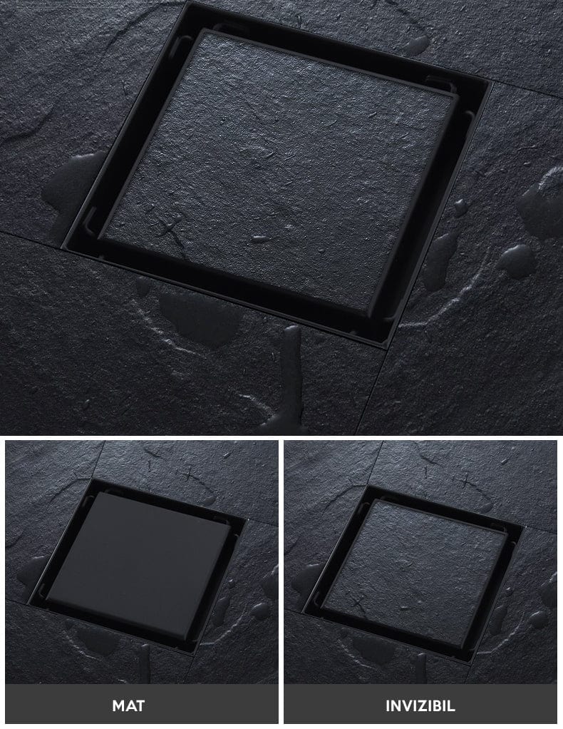 Sifon de pardoseala antimiros, cu iesire verticala, diametru ramă 100 mm, diametru scurgere 38 mm, doua fețe, negru mat sau suport fixare placa gresie, cod 1288