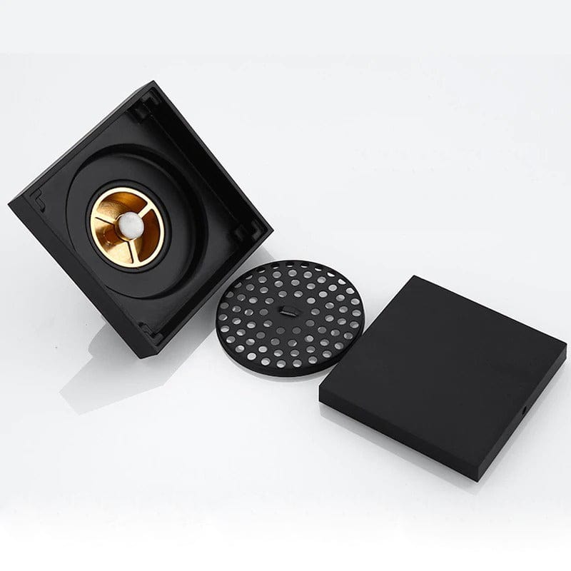 Sifon de pardoseala antimiros, cu iesire verticala, diametru ramă 100 mm, diametru scurgere 38 mm, doua fețe, negru mat sau suport fixare placa gresie, cod 1288