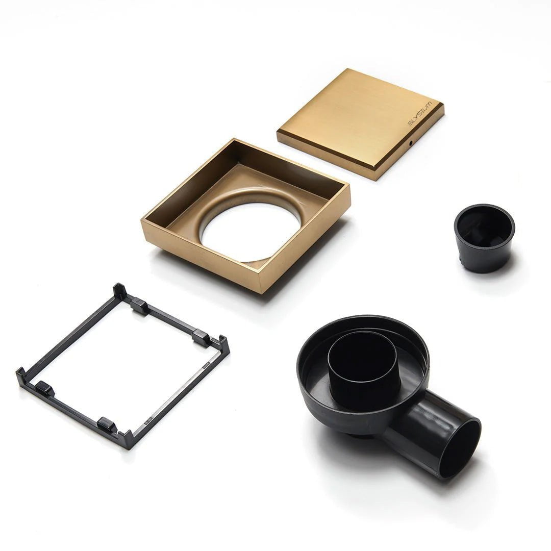 Sifon pardoseala Elysium Aquatrap, faiantabil, din otel inoxidabil, 10x10 cm, auriu mat