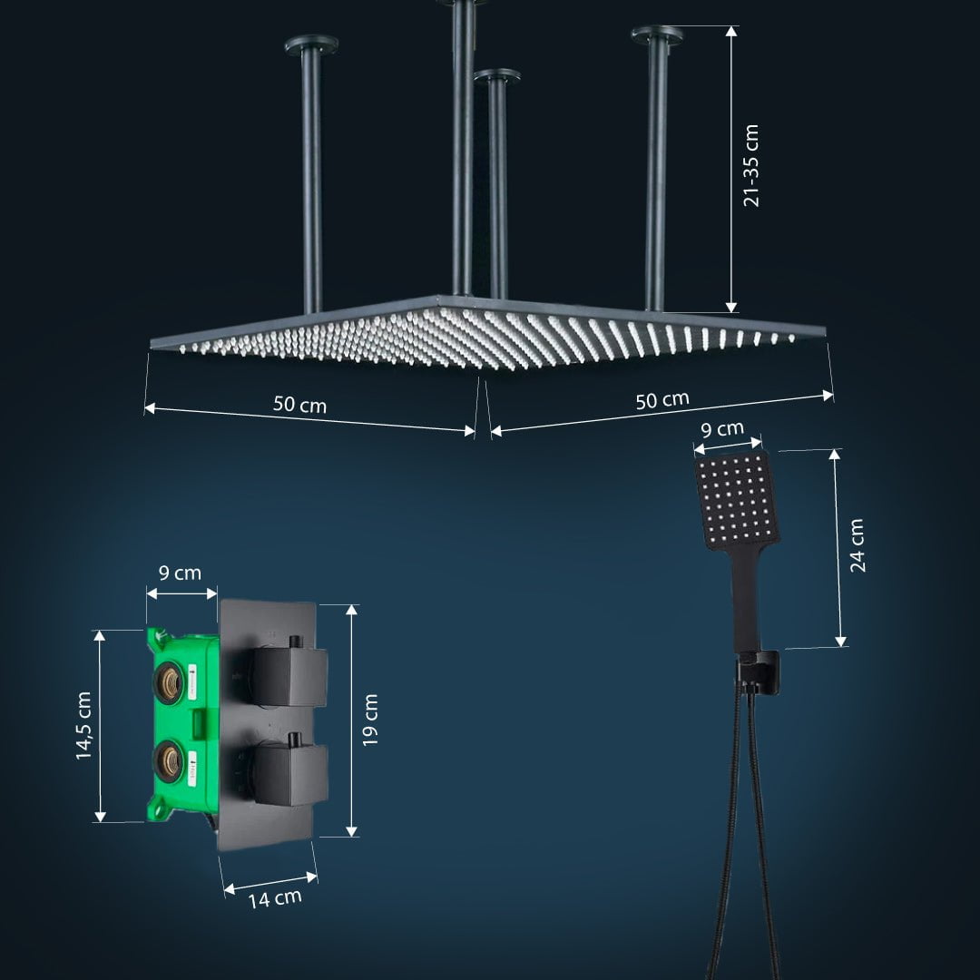Sistem de dus Rainfall, incastrat in tavan cu termostat, para patrata 50 cm, 2 functii de curgere, negru mat, cod 1407