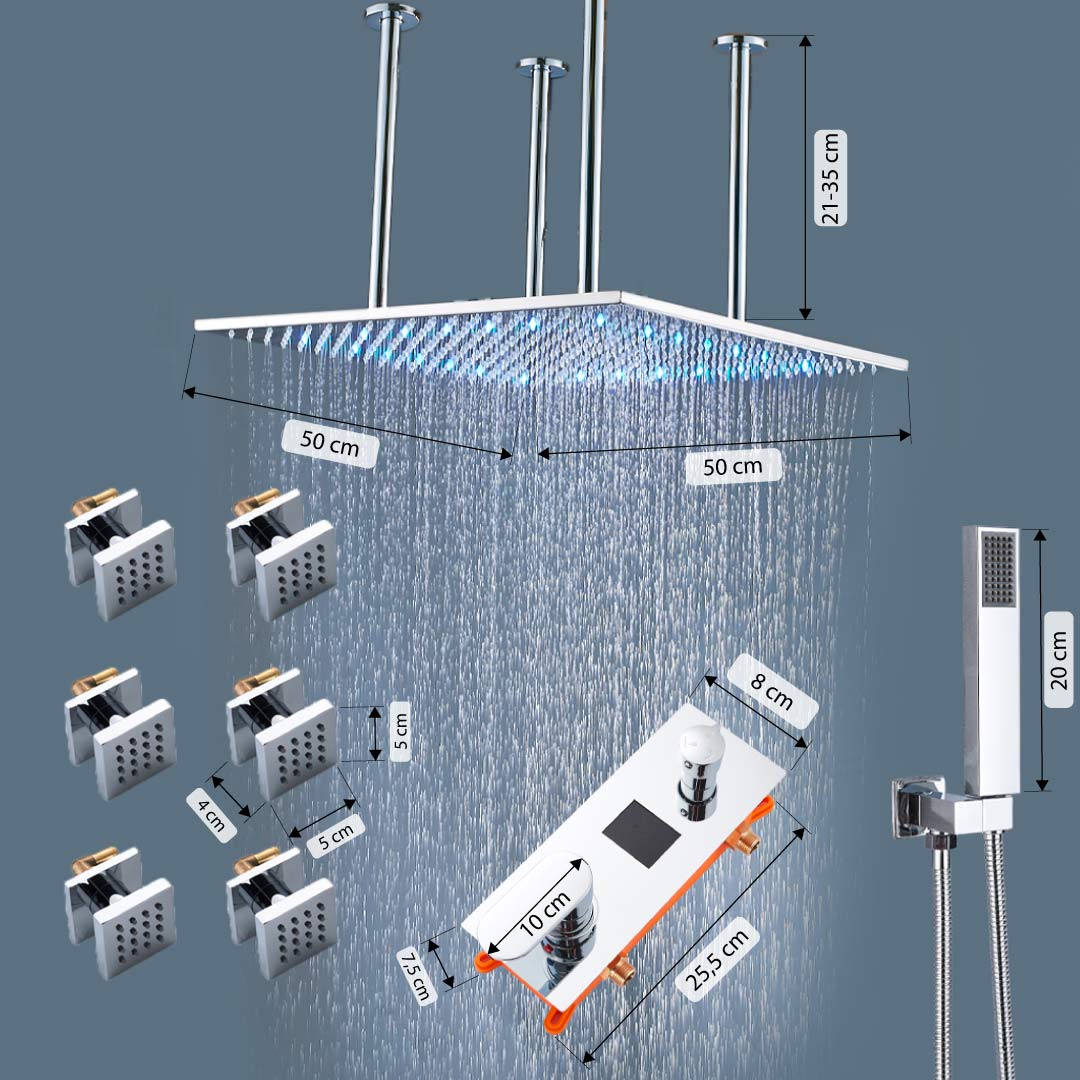 Sistem de dus Rainjoy, cromat, incastrat in tavan, para patrata 50 cm, functie led, culoare dinamica, in functie de temperatura apei, hidromasaj, cod 1406