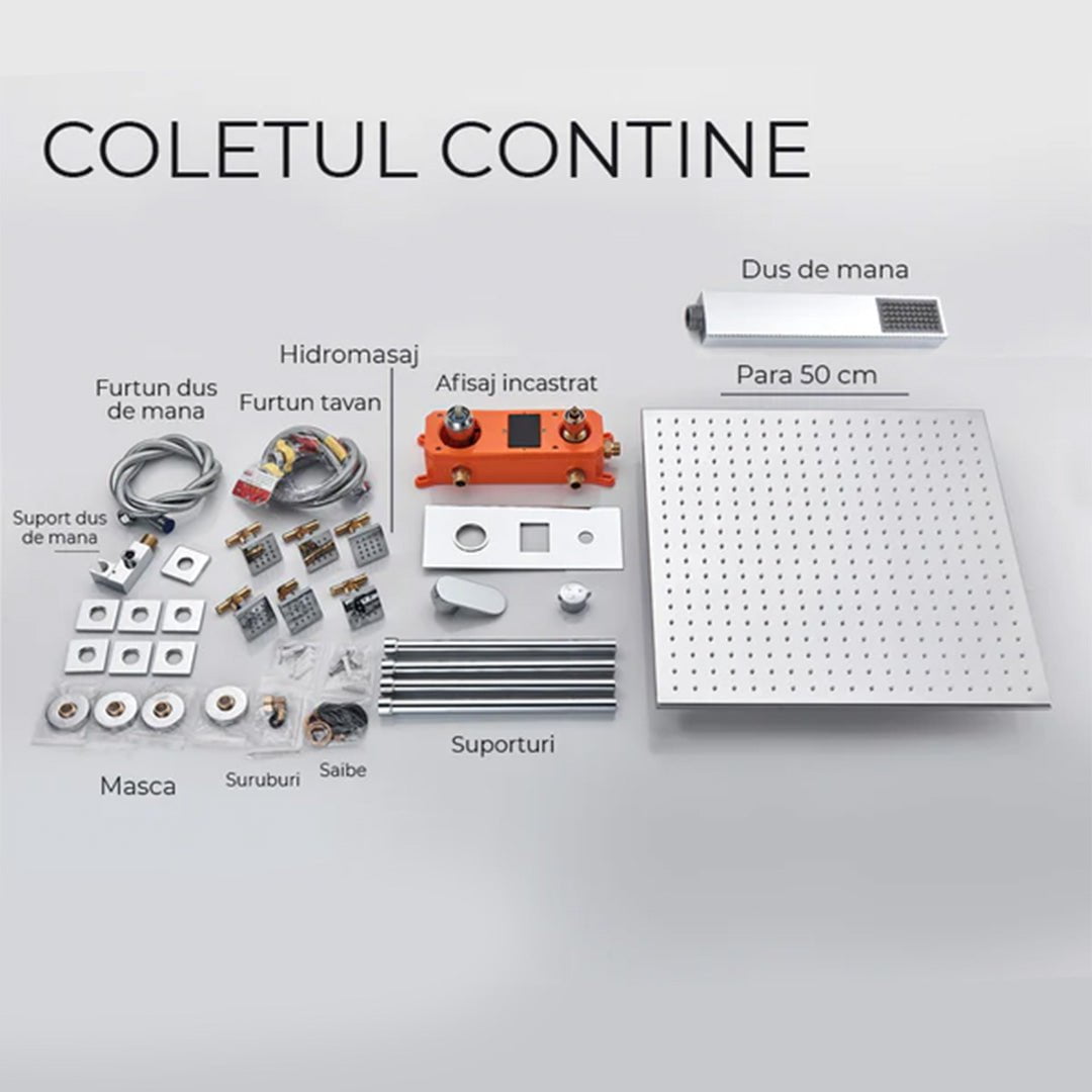 Sistem de dus Rainjoy, cromat, incastrat in tavan, para patrata 50 cm, functie led, culoare dinamica, in functie de temperatura apei, hidromasaj, cod 1406