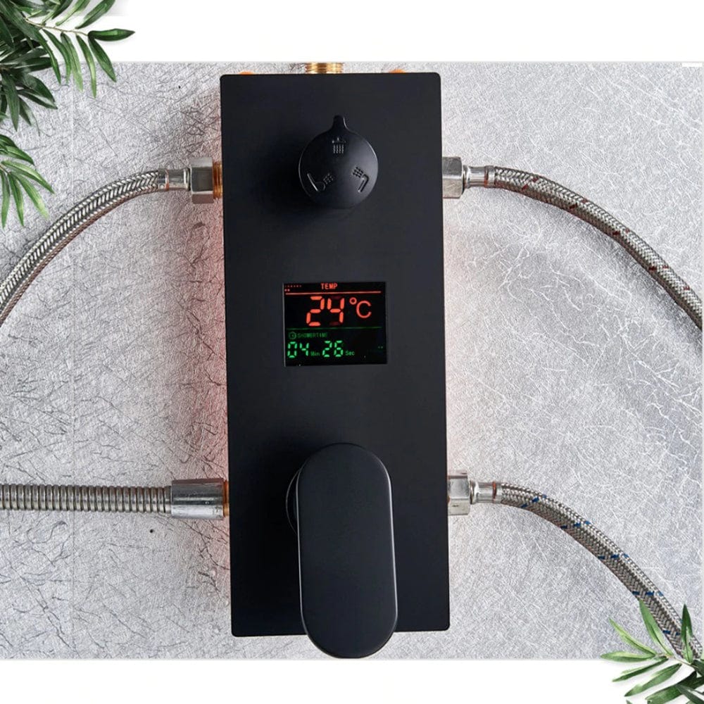 Sistem de dus Waterfall, incastrat in tavan, para patrata 40 cm, 3 functii de curgere, negru mat, cod 1404