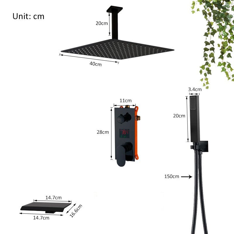 Sistem de dus Waterfall, incastrat in tavan, para patrata 40 cm, 3 functii de curgere, negru mat, cod 1404