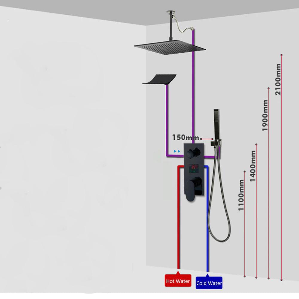 Sistem de dus Waterfall, incastrat in tavan, para patrata 40 cm, 3 functii de curgere, negru mat, cod 1404