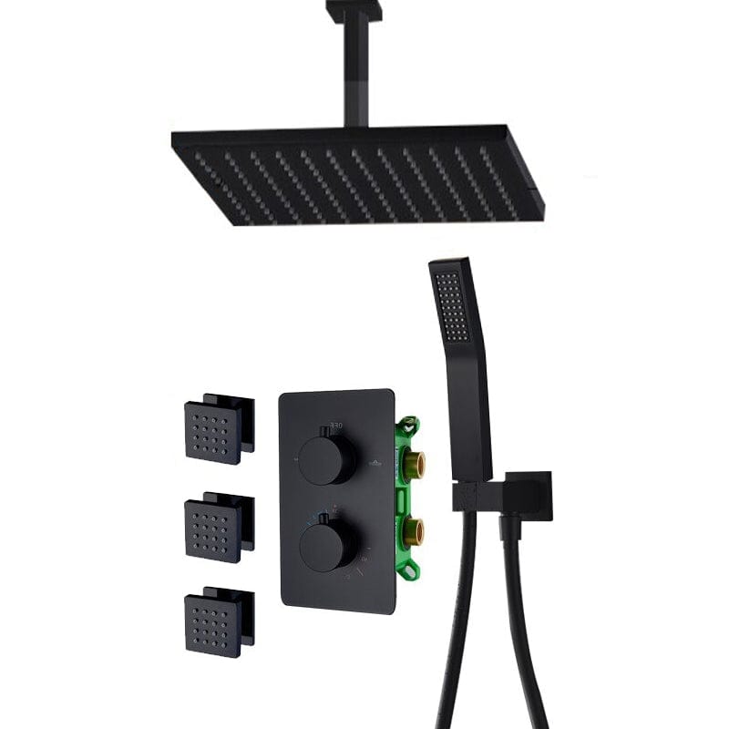 Sistem dus incastrat in tavan cu termostat, para patrata 50 cm, negru mat, 3 functii de curgere a apei si hidromasaj, + SIFON, cod 1310