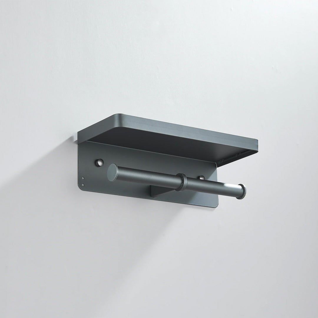 Suport dublu pentru hartie igienica cu raft, gri mat, cod 1696