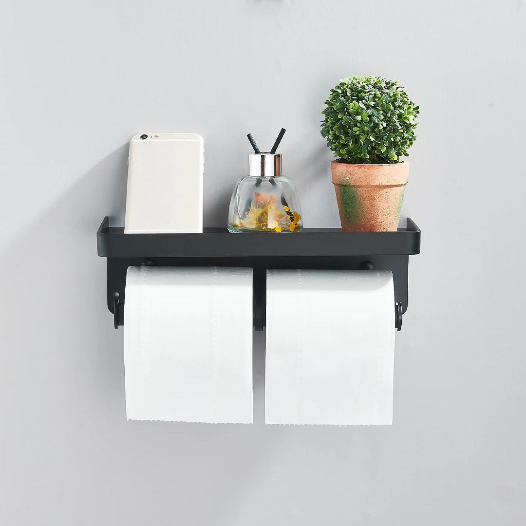 Suport dublu pentru hartie igienica cu raft, negru mat, cod 1695